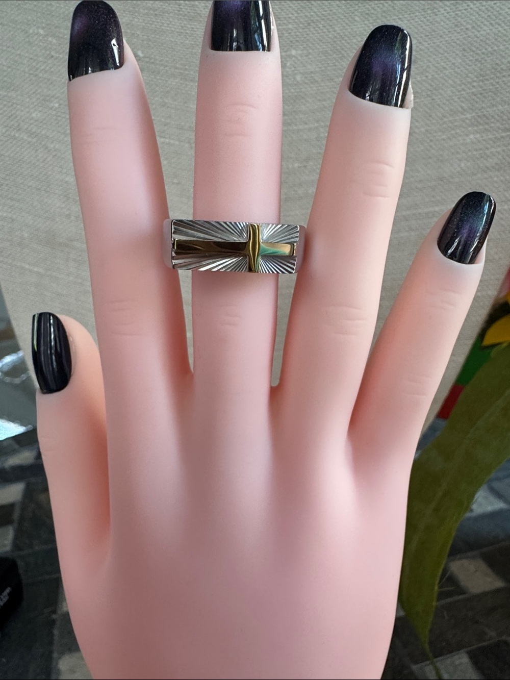 Men’s Two-Tone Silver and Gold Cross Accent Statement Ring -Stainless Steel
